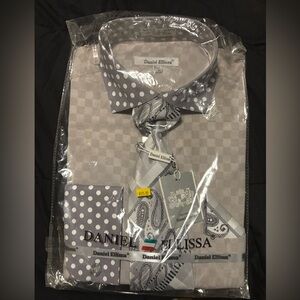 Daniel Ellissa Gray Checkered Dress Shirt with Paisley Tie